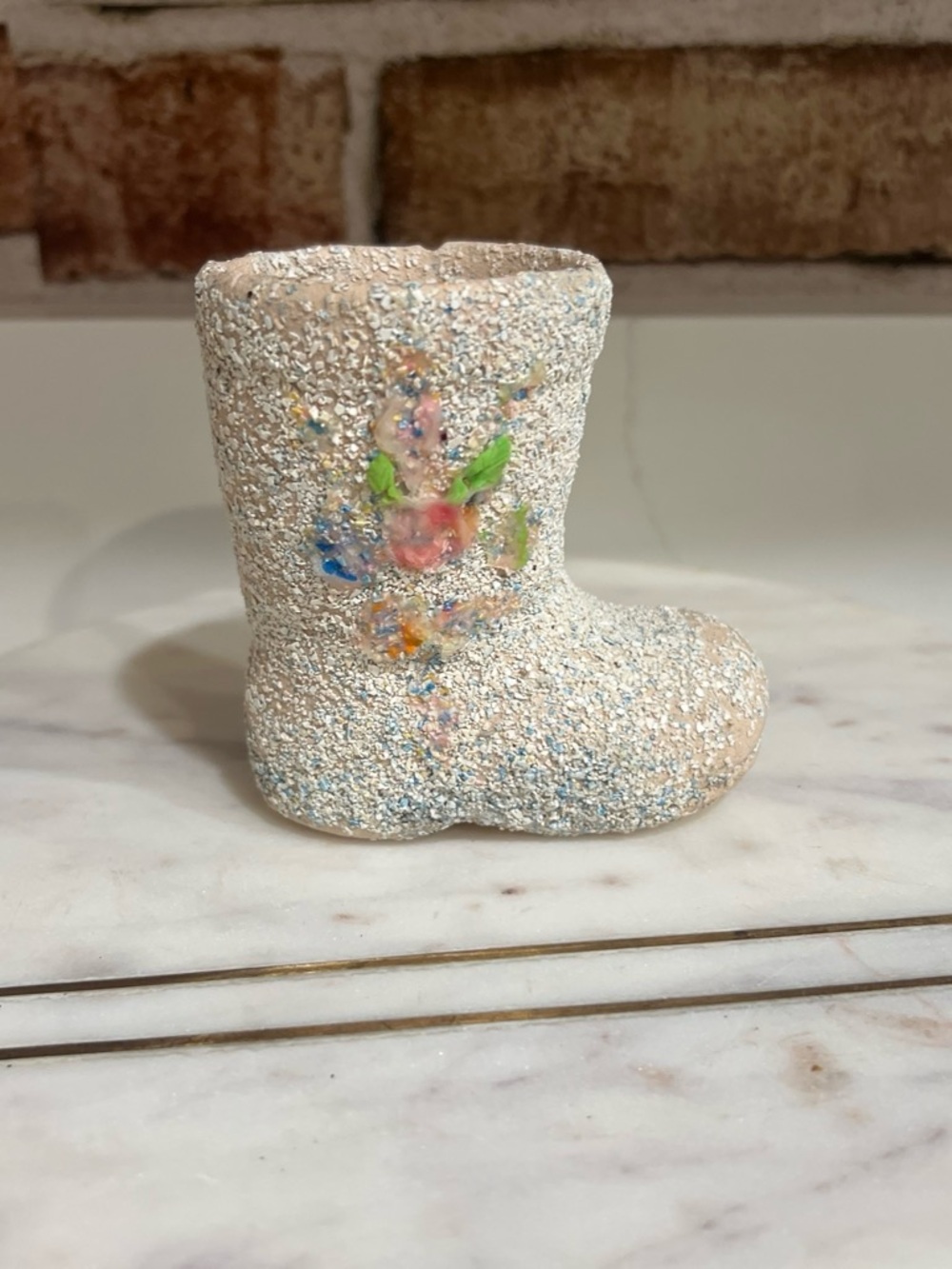 Handmade pencils / brushes Sparkle Snow Boot holder with Floral Accent - White